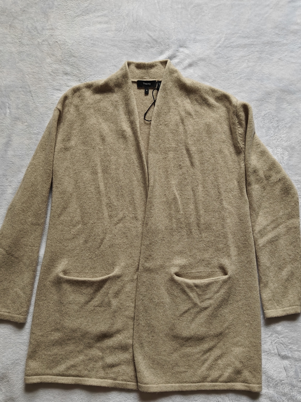 Theory Wool Cashmere Knit Open Front V-Neck Cardigan w/ Pockets Beige M